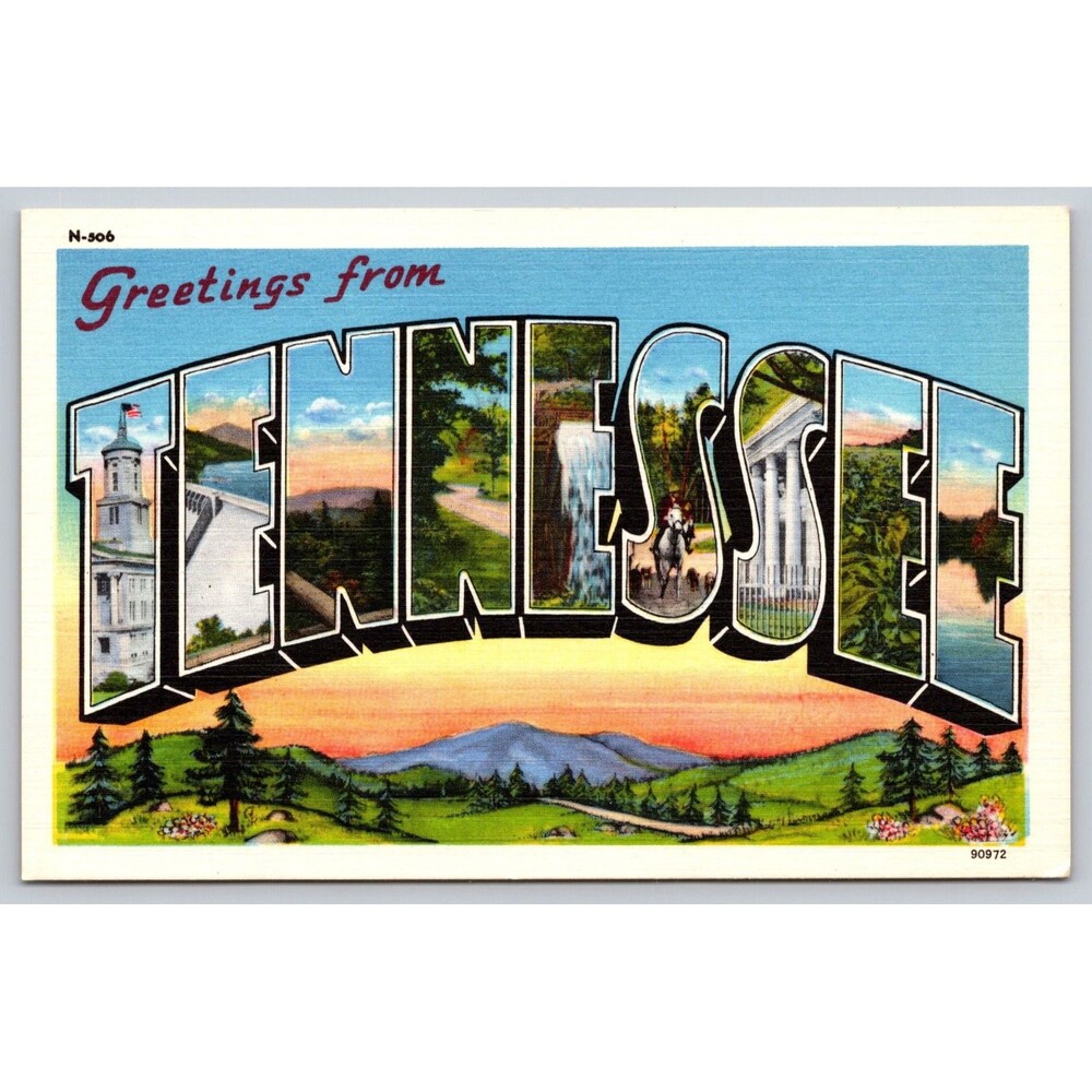 Vintage Greetings From Tennessee Large Letter Linen Postcard Asheville Co Unused